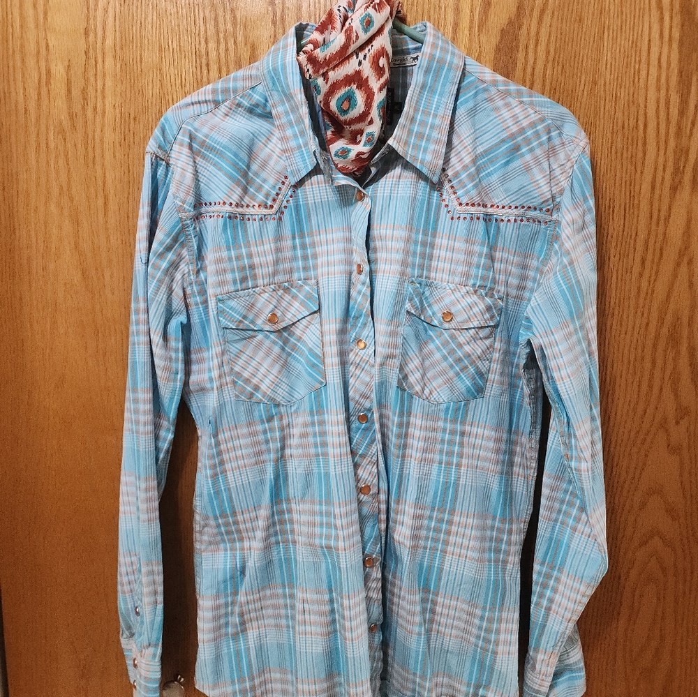 Woman's turquoise/orange Plaid Western Shirt